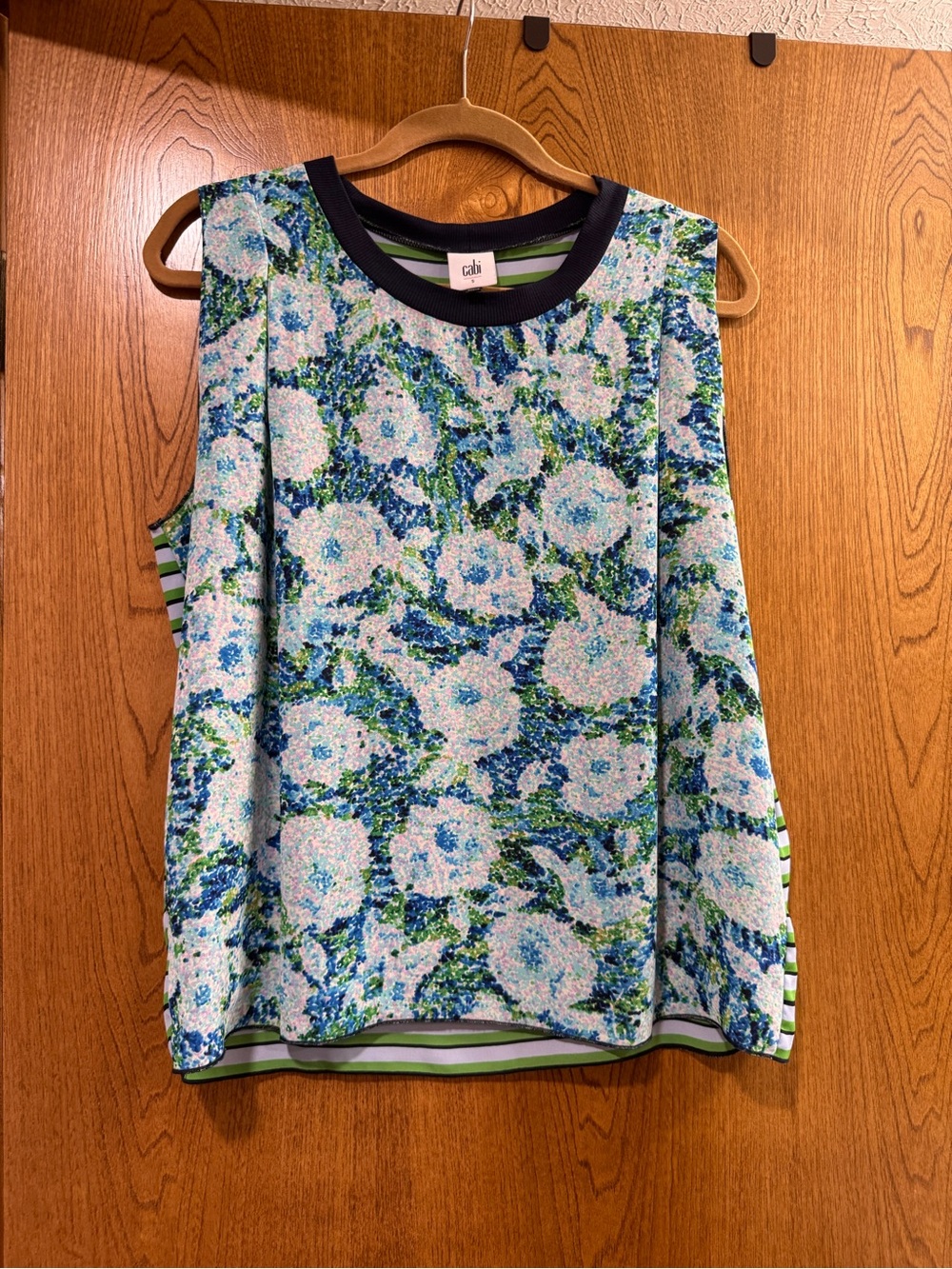 Cabi Floral (striped back) Knit Sleeveless Top in Blue & Green - Picture 5 of 9